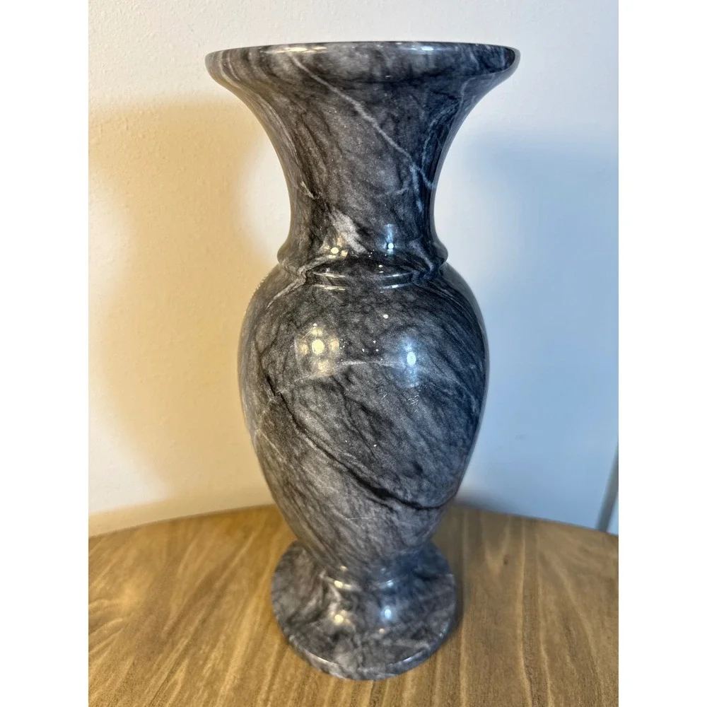 Vintage Hand Carved Marble Vase Home Decor 12.5in Grey Etched Tiger Pine Tree